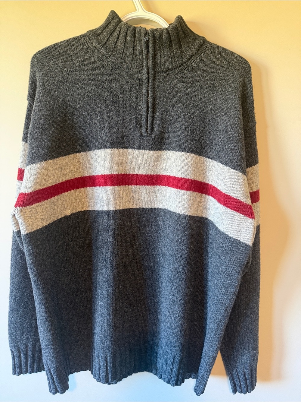 Vintage Gap 100% Wool Quarter-Zip Striped Sweater - Grey / Red Size Large